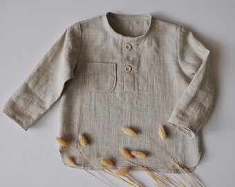 Sustainable Linen Baby Boy Long Sleeves Shirt, Button Down Soft Shirt, Toddler Boys Pocket Blouse, Kids Baptism Tee, Organic Hemp Summer Top