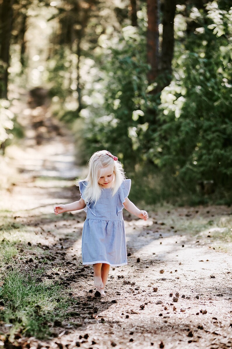 Blue Magic Linen Dress Girls, Flutter Sleeve Little Dresses, Romantic Flower Girl Ruffle Dress, Flax Midi Lace Dress, Older Girl Boho Summer image 1