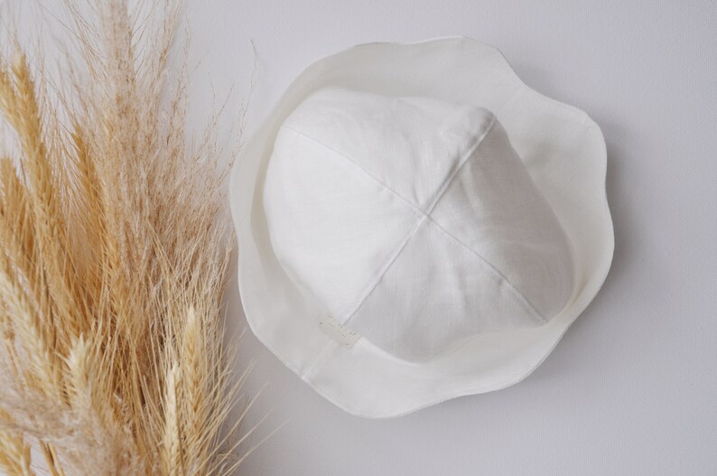 White Linen Head Bonnet Little Girls, Baby Baptism Bucket Hat, Toddler Cloche Hat, Summer Sun Hat with Ties, Organic Wavy Brim Panama Cap image 3