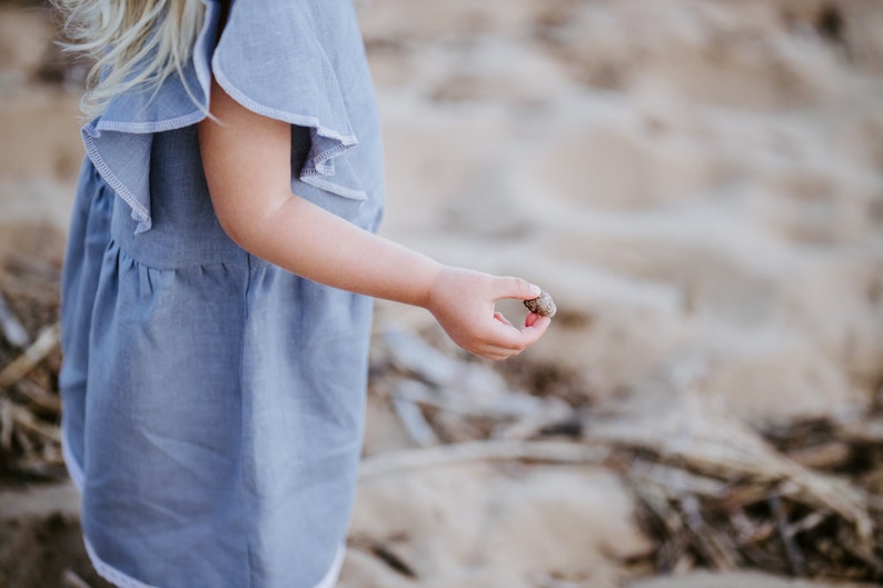 Blue Magic Linen Dress Girls, Flutter Sleeve Little Dresses, Romantic Flower Girl Ruffle Dress, Flax Midi Lace Dress, Older Girl Boho Summer image 4