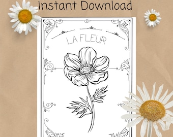 The Flower French Coloring Page Digital Download Coloring Sheet for Adult Anxiety Reducing Mindfulness Activity Printable Coloring Book Page