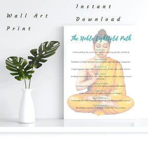May include: A printable wall art poster with a yellow background featuring a Buddha figure and the text "The Noble Eightfold Path". The text describes the eight steps of the path, including Right View, Right Intention, Right Speech, Right Action, Right Livelihood, Right Effort, Right Mindfulness, and Right Meditation.