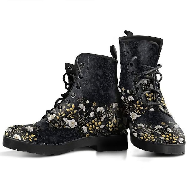 Chaussures à fleurs, Bottes pour femmes, Bottes de combat en cuir végétalien, Bottes classiques, Motif floral, Bottes décontractées pour femmes