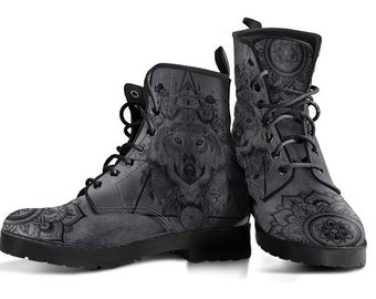 Wolf Printed Boots , Wolf Shoes, Women's Boots, Vegan Leather Combat Boots, Classic Boot, Wolf Pattern , Casual Boots Women