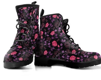 Gothic Flower Boots, Floral Shoes, Women's Boots, Vegan Leather, Combat Boots, Classic Boot, Flower Print Design, Rain Boots Women