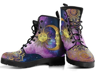 Sun Moon Mandala, Cosmic Galaxy Stars, Women's Boots, Vegan Leather, Combat Style Boots, Purple Blue Gold, Student Artist Emo