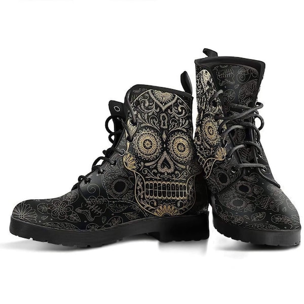 Skull Goth Boots, Skull Shoes, Women's Boots, Vegan Leather Combat Boots, Classic Boot, Goth Pattern , Casual Boots Women