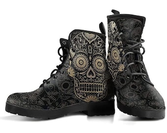 Skull Goth Boots, Skull Shoes, Women's Boots, Vegan Leather Combat Boots, Classic Boot, Goth Pattern , Casual Boots Women