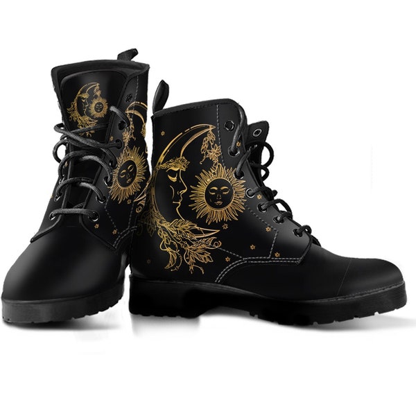 Women's Black Sun Moon Boots, Mystical Universe Shoes, Vegan Boots, Vegan Leather Combat Boots, Classic Boot, Gold Color Printed Boots