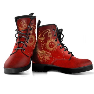 Red Sun Moon Boots, Sun Moon Shoes, Vegan Boots, Vegan Leather Combat Boots, Classic Boot, Gold Color Moon Print, Casual Boots Women