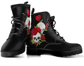Bottes en cuir pour femmes tête de mort noire et roses rouges, bottes gothiques gothiques, bottes en cuir végétaliennes faites à la main pour les filles