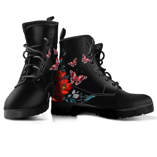 Vintage Butterfly Poppy Boots, floral Boots, Poppy Boots, Vegan Leather, Combat Boots,, Flower Print Design, Casual Boots Women Men