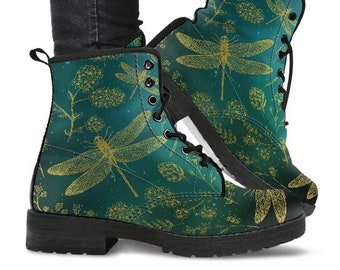 Green Dragonfly Handcrafted Boot Shoes, Women's Boots, Vegan Leather Combat Boots, Classic Boot, Casual Boots Women Vegan Leather Boots