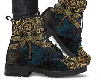 Bottines artisanales mandala libellule dorées, bottes pour femmes, bottes de combat en cuir végétalien, botte classique, bottes décontractées femme homme