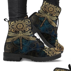 Mandala Dragonfly Gold Handcrafted Boot Shoes, Women's Boots, Vegan Leather Combat Boots, Classic Boot, Casual Boots Women Men