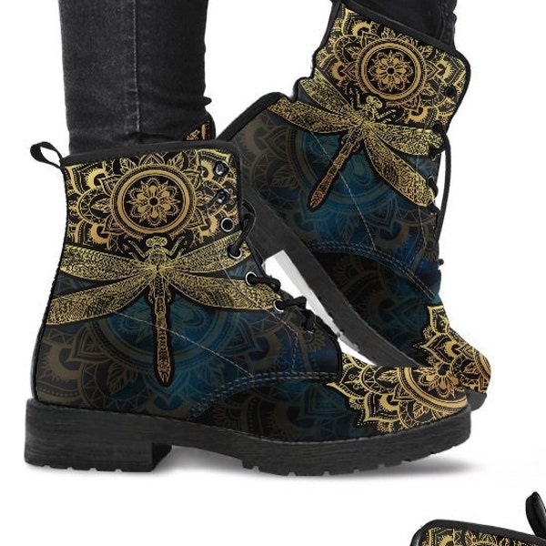 Mandala Dragonfly Gold Scarpe artigianali artigianali, Stivali da donna, Stivali da combattimento in pelle vegana, Stivale classico, Stivali casual Donna Uomo