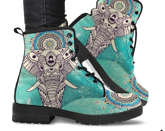 Elephant Mandala Handcrafted Boot Shoes, Women's Boots, Vegan Leather Combat Boots, Classic Boot, Casual Boots Women Vegan Leather