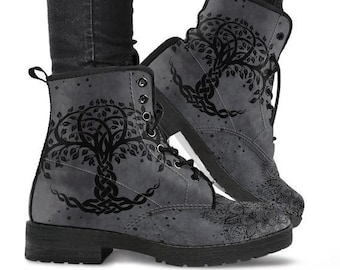 Grey Tree Of Life Handcrafted Boot Shoes, Women's Boots, Vegan Leather Combat Boots, Classic Boot, Casual Boots Women Vegan Leather Boots