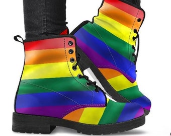 Rainbow Boot Shoes, Pride Day SHoes, LGBTQ+ Print Design Shoes, Vegan Leather Combat Boots, Classic Boot, Casual Boots, Vegan Leather Boots