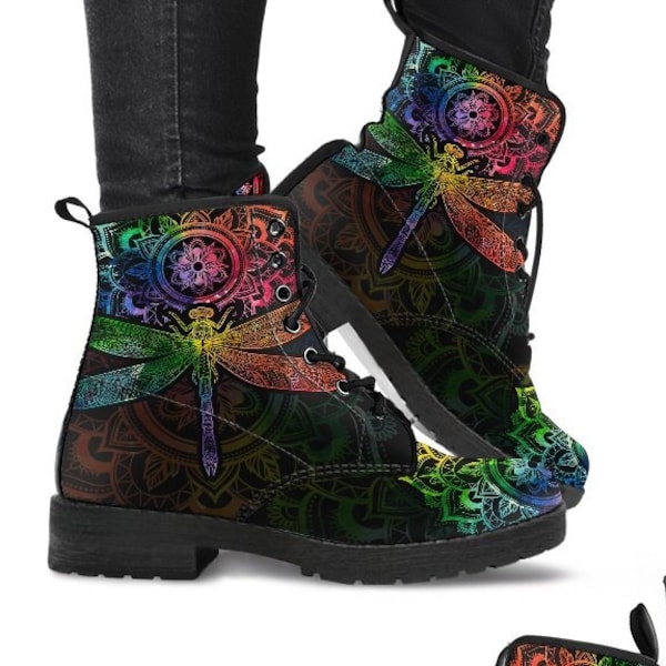 Mandala Libelle Chakra Farbe Handgefertigte Stiefel Schuhe, Damenstiefel, Vegan Leder Kampfstiefel, Klassische Stiefel, Lässige Stiefel Frauen