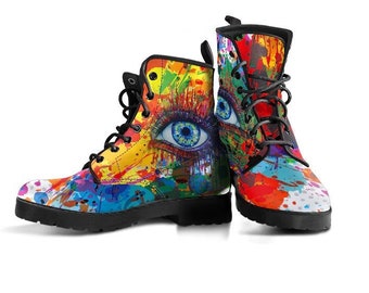 Rainbow Eye Boots Art Shoes Women's Boots Vegan Leather Combat Boots Classic Boot, Colorful Eye Pattern Combat Boots Women Psychedelic Boots