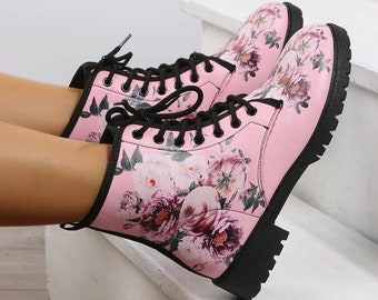 Pink Boots Combat Boots Flower Boots Floral Boots Blush Pink Shoes Vegan Leather Lace Up Boots Women Handmade Lace Up Boots Women's Boots