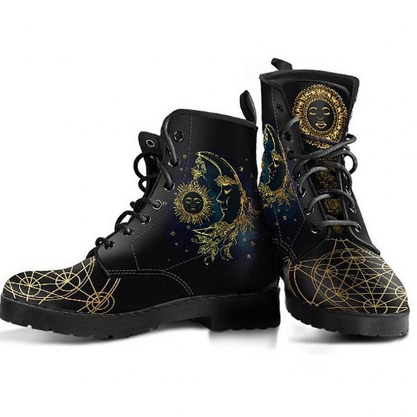 Golden Sun Moon Boots, Printed Shoes, Women's Boots, Vegan Leather Combat Boots, Classic Boot, Sun and Moon Pattern , Casual Boots Women