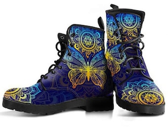 Colorful Butterfly Boots, Butterfly Shoes, Women's Boots, Vegan Leather Combat Boots, Classic Boot, Butterfly Pattern , Casual Boots Women
