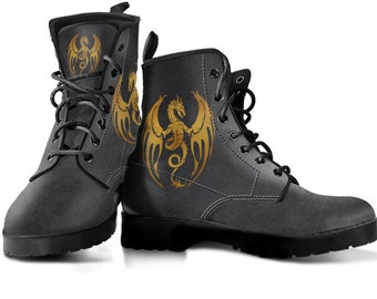 Bottes dragon grises, chaussures dragon, bottes pour femmes, bottes combat en cuir végétalien, botte classique, imprimé dragon couleur dorée, bottes décontractées pour femme