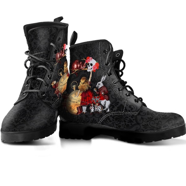 Bottes de combat noires grises - Cadeaux Alice au pays des merveilles Le cadeau parfait pour les amoureux d'Alice, Imprimé noir | Idée cadeau d'anniversaire, chaussures personnalisées