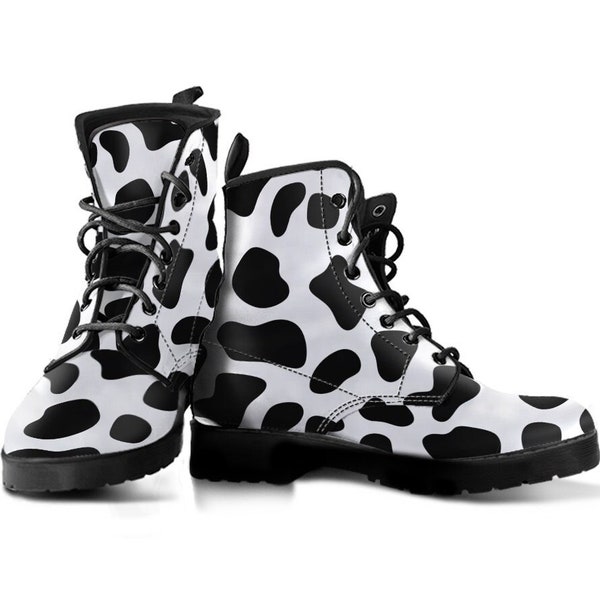 Cow Print Boots, Cow Print Shoes, Womens Boots, Vegan Leather Combat Boots, White Black Boot, Snow Boot, Rain Boot, Casual Boots Women