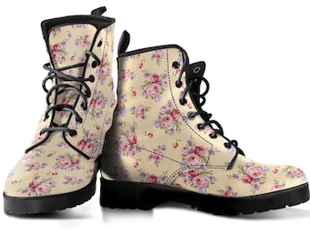 Yellow Pink Rose Floral Print Womens Boots, Vegan Leather, Boho Chic Bohemian Boots, Combat Boots, Casual Boots, Custom Boots