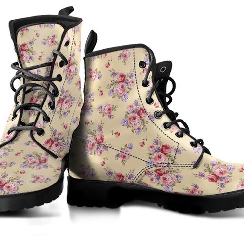 Black Pink Rose Floral Print Womens Boots Vegan Leather Boho | Etsy