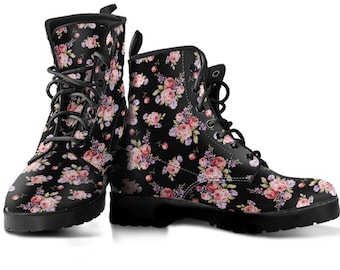 Black Pink Rose Floral Print Womens Boots, Vegan Leather, Boho Chic Bohemian Boots, Combat Boots, Casual Boots, Custom Boots