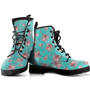 Bottes pour femmes à imprimé floral rose turquoise, cuir végétalien, bottes bohème chic bohème, bottes de combat, bottes décontractées, bottes sur mesure