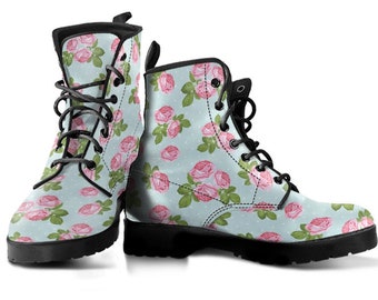Cute Floral Boots, Rose Print Boots, Women's Boots, Vegan Leather, Combat Boots, Classic Boot, Flower Print Design, Casual Boots Women