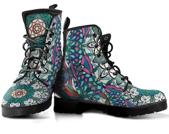 Funky Mandala Boots, Colorful Boots, Women's Boots, Vegan Leather, Combat Boots, Classic Boot, Boho Hippie Design, Casual Boots Women