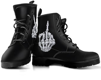 Middle Finger Print Boots, Skeleton Shoes, Women's Boots, Vegan Leather, Combat Boots, Classic Boot, Skeleton Print Boot, Casual Boots Women