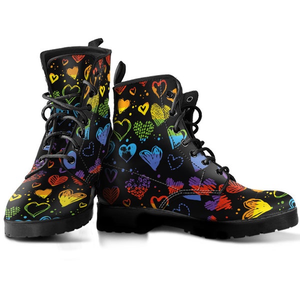 Rainbow Hearts Boots, Rainbow Boots, Women's Boots, Vegan Leather, Combat Boots, Classic Boot, LGBT Pride Day Print, Casual Boots Women