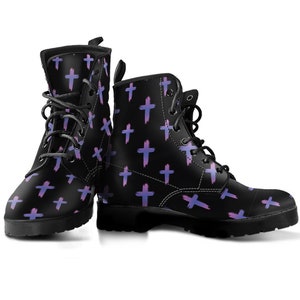 Purple Cross Boots, Cross Print Boots, Women's Boots, Vegan Leather, Combat Boots, Classic Boot, Pastel Goth Design, Casual Boots Women