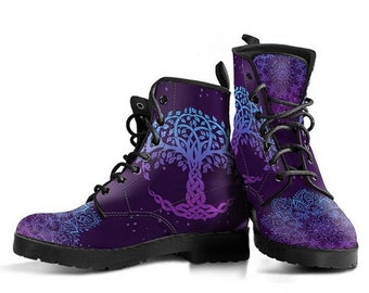 Tree Printed Boots, Printed Shoes, Women's Boots, Vegan Leather Combat Boots, Classic Boot, Tree of Life Pattern , Casual Boots Women