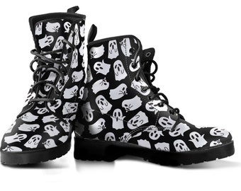 Cute Ghost Boots, Ghost Print Boots, Women's Boots, Vegan Leather, Combat Boots, Classic Boot, Goth Design, Casual Boots Women