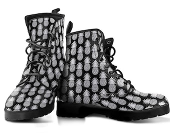 Pineapple Boots, Black White Color Boots, Women's Boots, Vegan Leather, Combat Boots, Classic Boot, Pineapple Print Design, Rain Boots Women