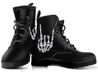 Rock On Skeleton Hand Boots, Rocker Shoes, Women's Boots, Vegan Leather, Combat Boots, Classic Boot, Rock Print Boot, Casual Boots Women