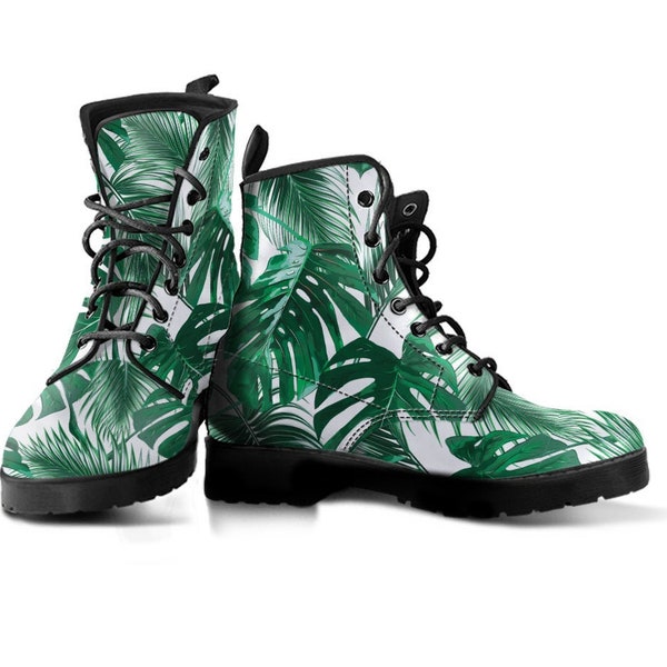 Tropical Leaves Boots, Leaf Print Shoes, Women's Boots, Vegan Leather Combat Boots, Classic Boot, Gift For Plant Lover, Casual Boots Women