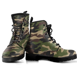 Camouflage Boots, Green Camouflage Shoes, Men's Boots, Vegan Leather, Combat Boots, Classic Boot, Sunflower Print Pattern Boot, Casual Boots