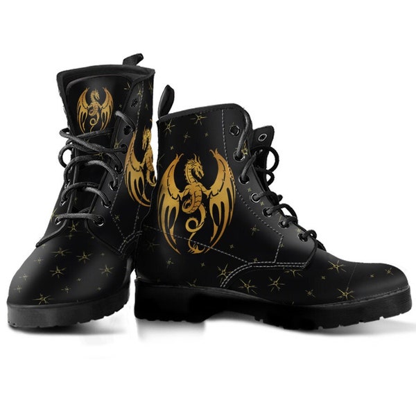 Black Dragon Boots, Dragon Shoes, Women's Men's Boots, Vegan Leather Combat Boots, Classic Boot, Gold Color Dragon Print, Casual Boots Women