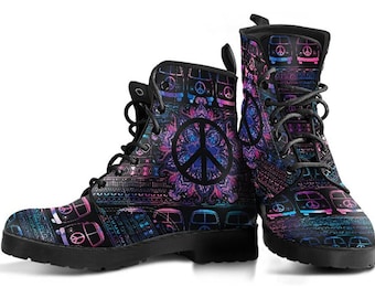Peace Sign Hippie Van Shoes, Women's Boots, Vegan Leather Combat Boots, Classic Boot, Casual Boots Women Vegan Leather Boots