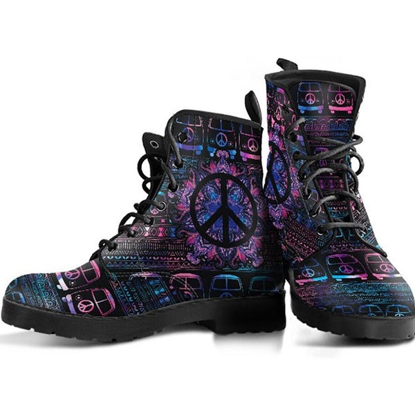 Peace Sign Hippie Van Shoes, Women's Boots, Vegan Leather Combat Boots, Classic Boot, Casual Boots Women Vegan Leather Boots