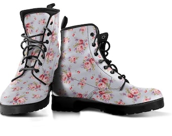 Grey Pink Rose Floral Print Womens Boots, Vegan Leather, Boho Chic Bohemian Boots, Combat Boots, Casual Boots, Custom Boots